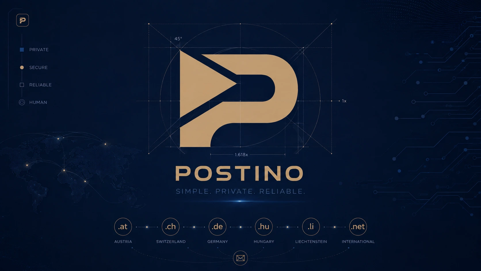 A Postino embléma geometriai felépítése és nemzetközi domainjei